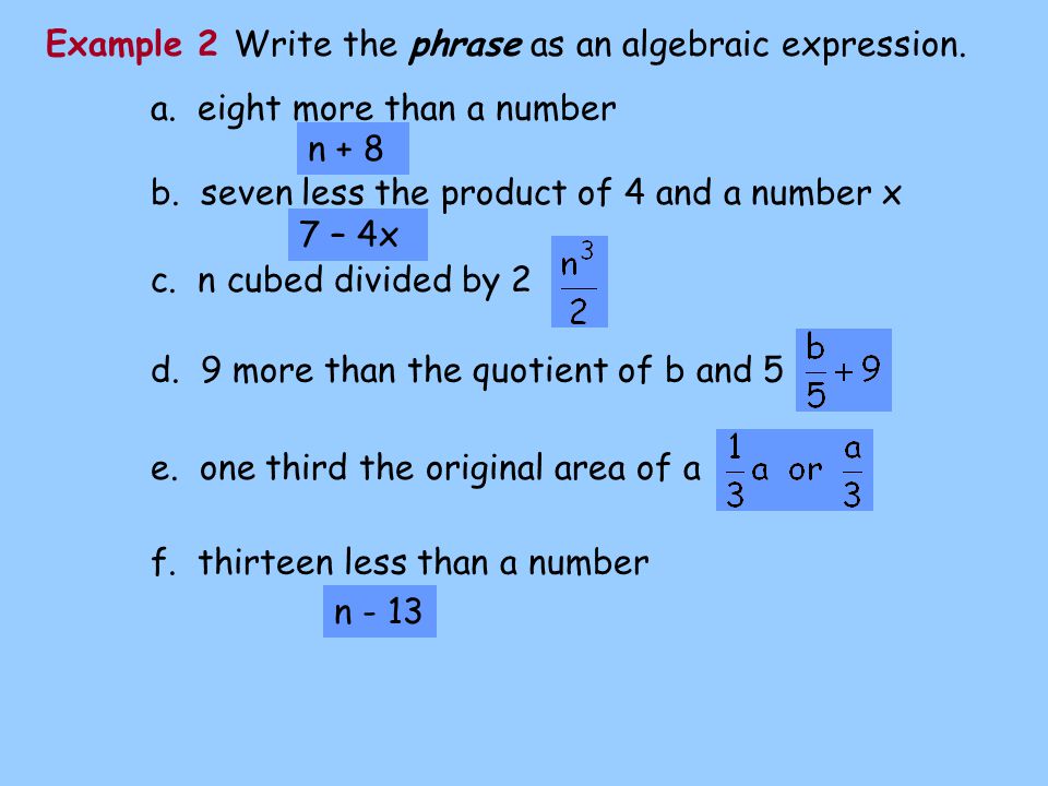 Write a word phrase for each algebraic expression? a) 62 + 7n b) 13p + 1